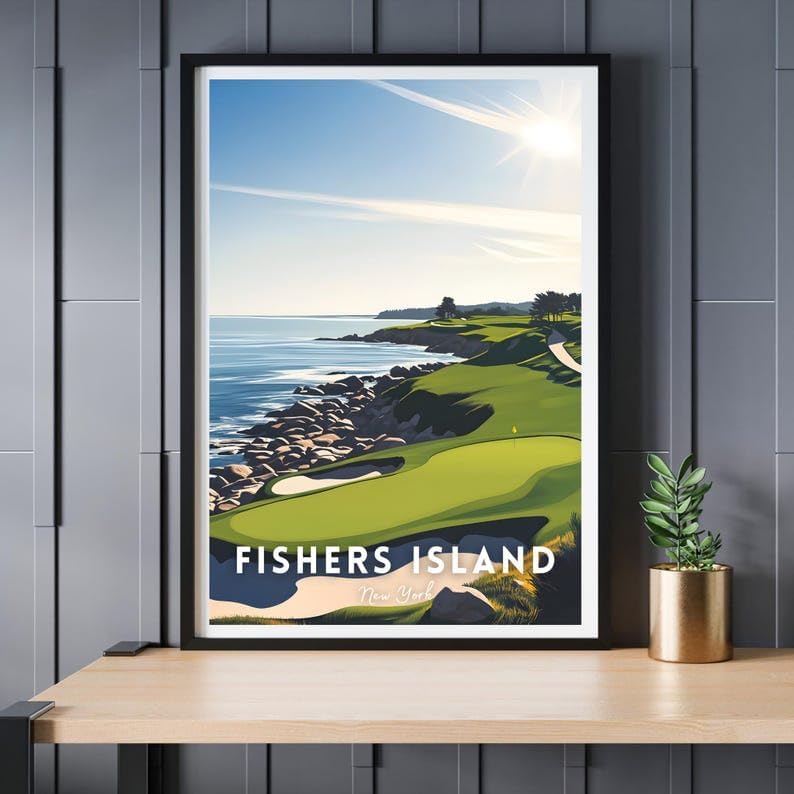 Nationcog Fishers Island Golf Course Poster, New York Vintage Wall Art, Coastal Home Decor, Unique Gift for Dad or Husband, Classic Golf Print for Office or Study (Unframed) (27x40)