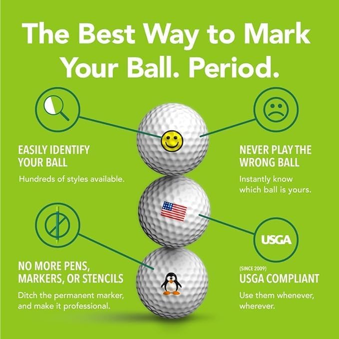 Golfdotz - USGA Rule Conforming Novelty Golf Ball Markers, Golf Ball Stickers for Marking Balls, No More Smearing from Stamps, Gifts for Golfers, Dads, and Retirees, (USA Collection; 32-Count)