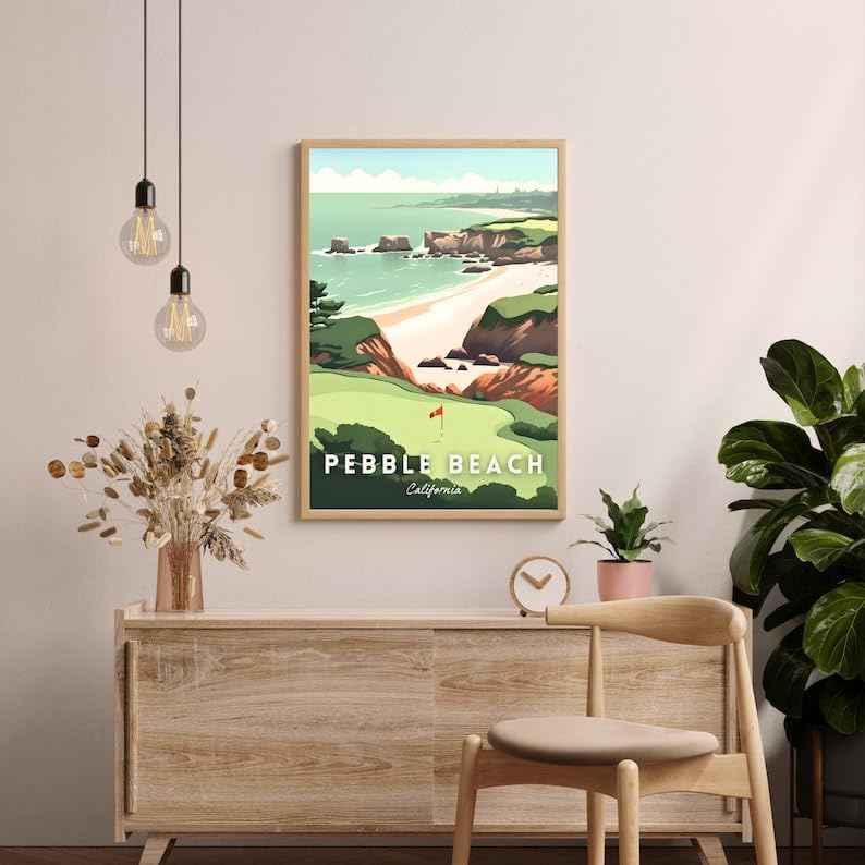 Nationcog Pebble Beach Golf Wall Art Print, Retro Coastal Landscape Poster for Bedroom or Office, Beachside Decor for Men, Great Gift for Dad, California Golf Artwork (Unframed) (20x30)