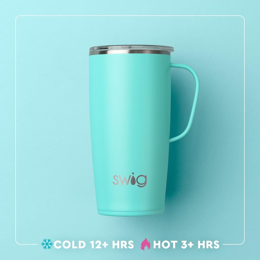 Swig Life 22oz Travel Mug, Insulated Tumbler with Handle and Lid, Cup Holder Friendly, Dishwasher Safe, Stainless Steel, Travel Coffee Cup, Insulated Mug with Lid (Oh Happy Day)