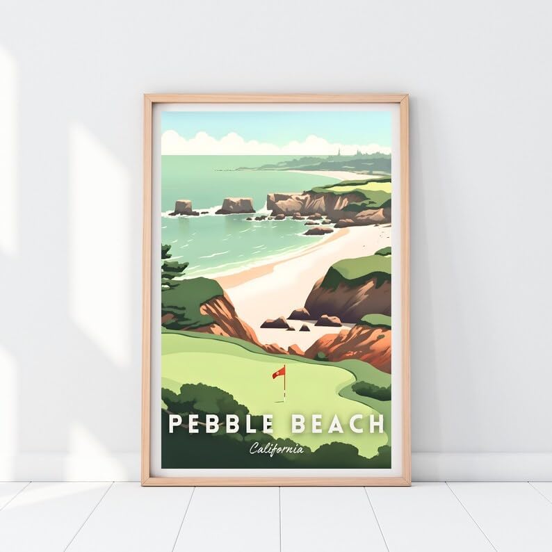 Nationcog Pebble Beach Golf Wall Art Print, Retro Coastal Landscape Poster for Bedroom or Office, Beachside Decor for Men, Great Gift for Dad, California Golf Artwork (Unframed) (20x30)