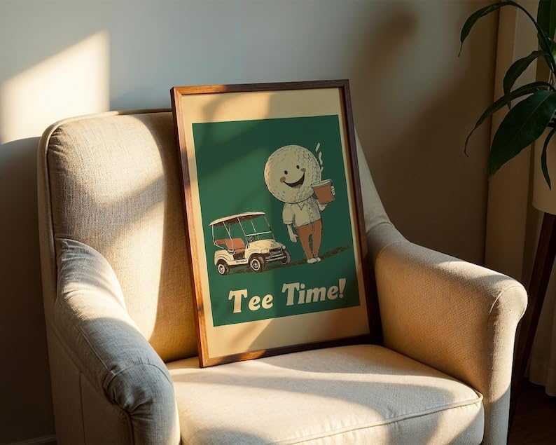 Vintage Tee Time Golf Wall Art, Retro Sports Poster Print for Bar, Office or Game Room Decor, Whimsical Golfer Artwork with Coffee and Golf Cart (Unframed) (27x40)
