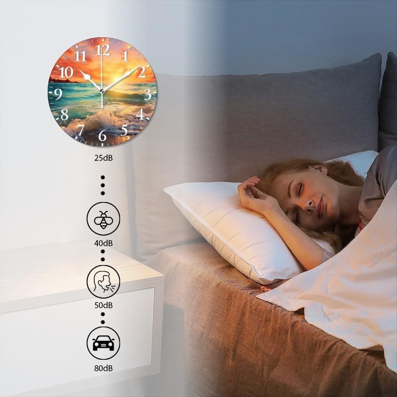 Beach Wall Clock Non-Ticking Silent Clocks Battery Operated Analog Decor Clock for Home-Beautiful Sunset Over The Ocean with Waves Crashing On The Shore(16inch)
