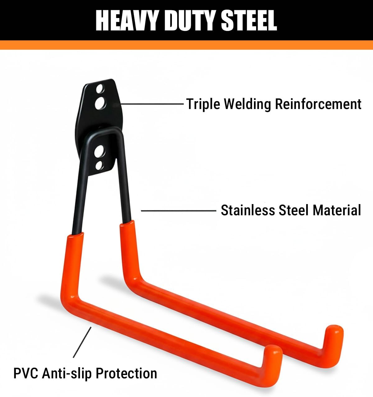 WMK Garage Hooks 4 Pack Wall Storage Hooks Heavy Duty Steel Tool Hangers for Utility Organizer, Wall Mount Holders for Garden Lawn Tools, Ladders, Bike (Orange)
