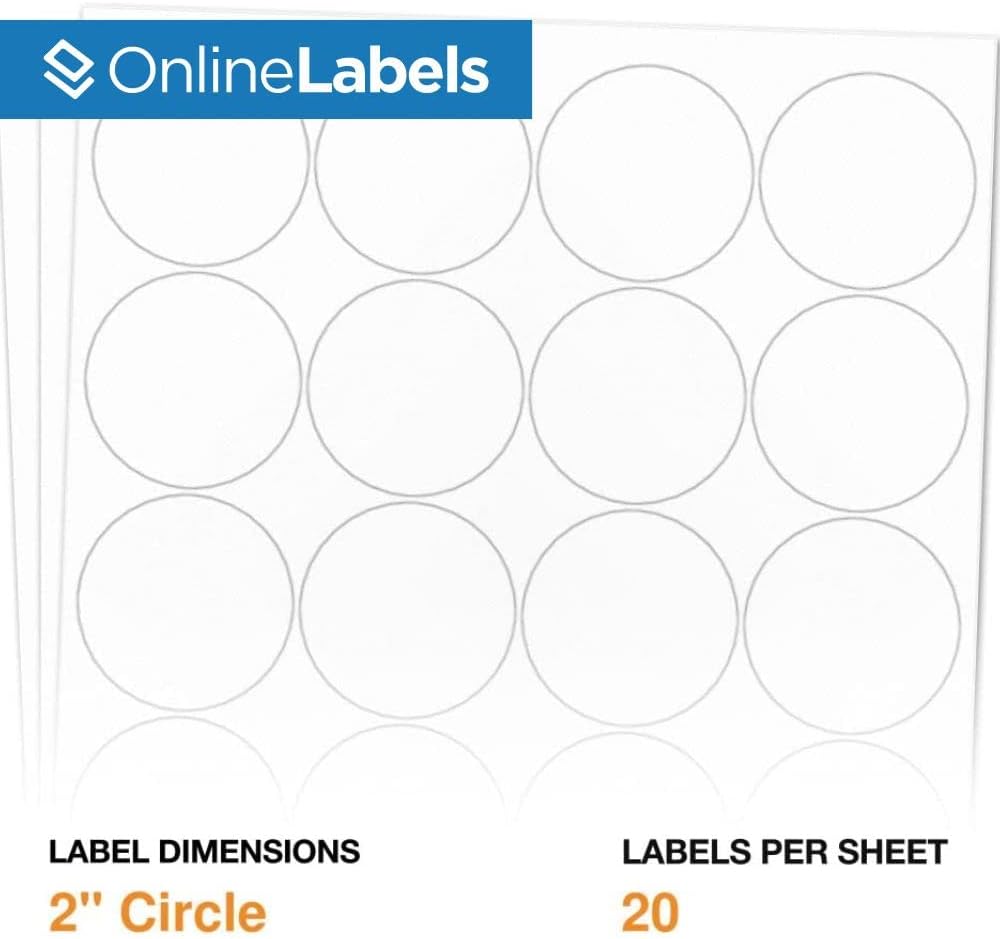 2 Inch Round Labels - Permanent, White Matte - Candle, Lid, Product, Favor Labels - Pack of 500 Circle Stickers, 25 Sheets - Inkjet/Laser Printers - Online Labels