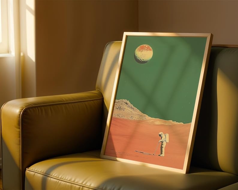 Retro Space Golf Wall Art, Vintage Mars Landscape Sports Print for Bar, Office or Game Room Decor, Astronaut Golfer Poster with Tee Time Theme (Unframed) (16x24)