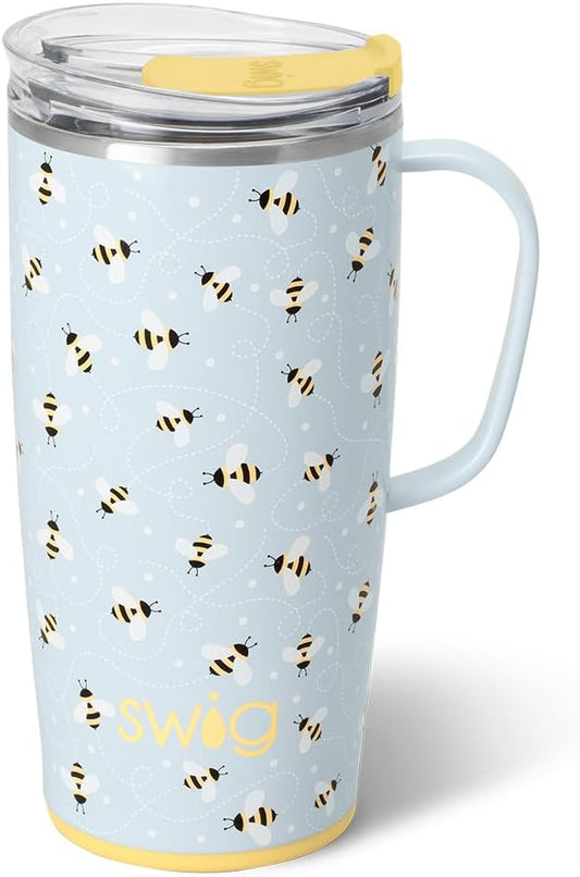 Swig Life 22oz Travel Mug, Insulated Tumbler with Handle and Lid, Cup Holder Friendly, Dishwasher Safe, Stainless Steel, Travel Coffee Cup, Insulated Mug with Lid (Busy Bee)
