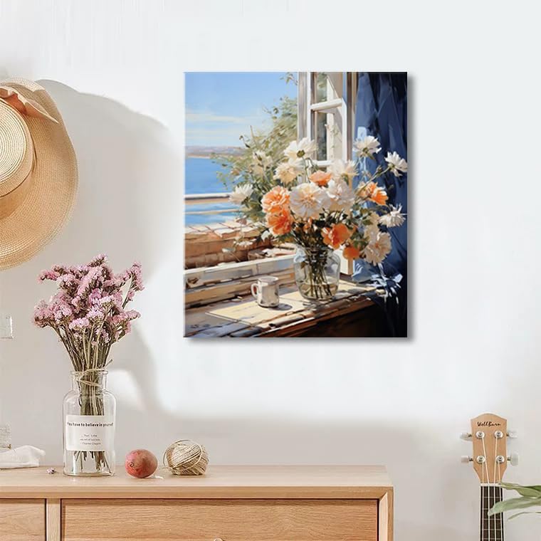 dgbtcart Beach Flowers Bathroom Wall Art Ocean Theme Wall Decor Windowsill Flower Picture Canvas Print Floral Painting Coastal Seascape Artwork for Bedroom Office Decoration 16"x24"inch