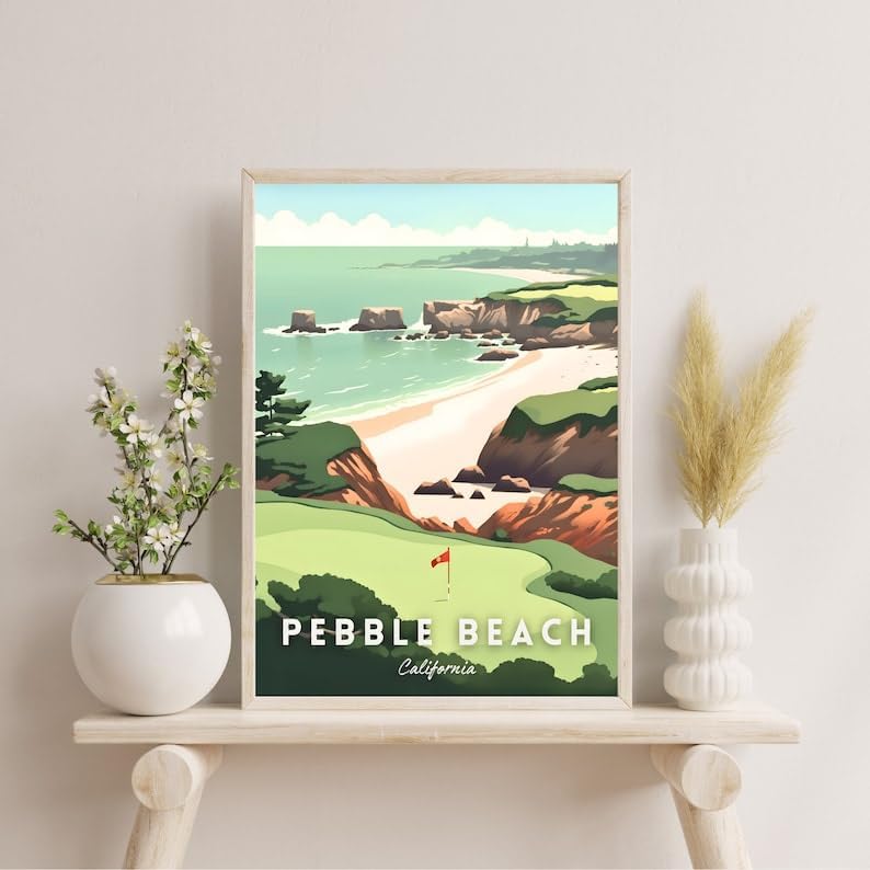 Nationcog Pebble Beach Golf Wall Art Print, Retro Coastal Landscape Poster for Bedroom or Office, Beachside Decor for Men, Great Gift for Dad, California Golf Artwork (Unframed) (20x30)