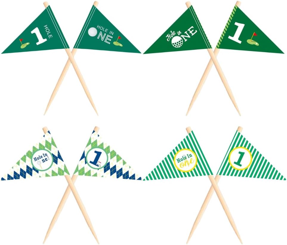 Golf Themed Toothpick Flags, 80 PCS Hole In One 1st Birthday Golf Cocktail Picks Mini Stick Cupcake Toppers Flags for Baby 1st Birthday Party Food Bar Decorations