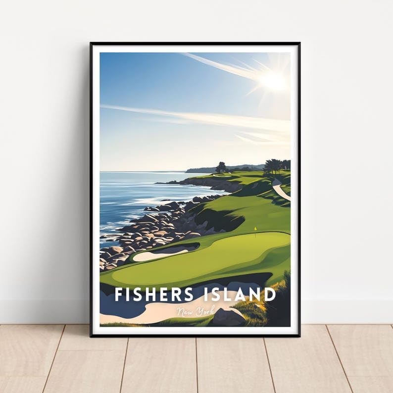 Nationcog Fishers Island Golf Course Poster, New York Vintage Wall Art, Coastal Home Decor, Unique Gift for Dad or Husband, Classic Golf Print for Office or Study (Unframed) (27x40)
