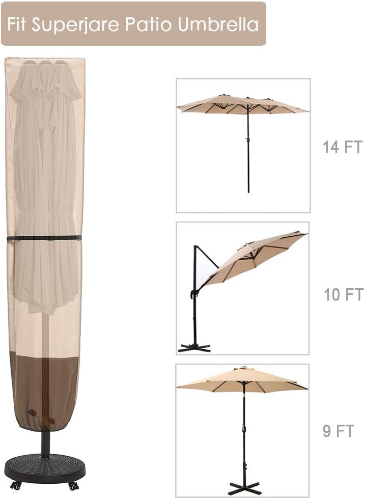 SUPERJARE Patio Umbrella Cover with Rod for 7 to 11 Ft Umbrellas & 15 Ft Double-Sided Umbrellas, 600D Protective Waterproof Cover with Zipper, Beige & Brown