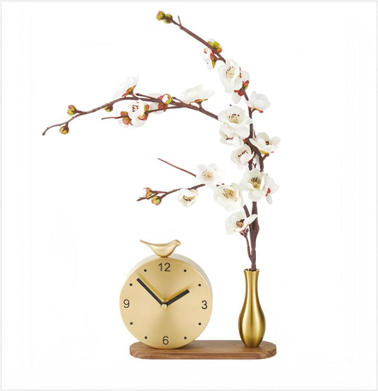 Floral Art Brass Mantel Clock - Elegant Silent Table Clock with Flower Design, Vintage Home Decor for Living Room, Luxury Solid Brass Decorative Clock