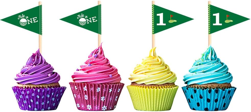 Golf Themed Toothpick Flags, 80 PCS Hole In One 1st Birthday Golf Cocktail Picks Mini Stick Cupcake Toppers Flags for Baby 1st Birthday Party Food Bar Decorations