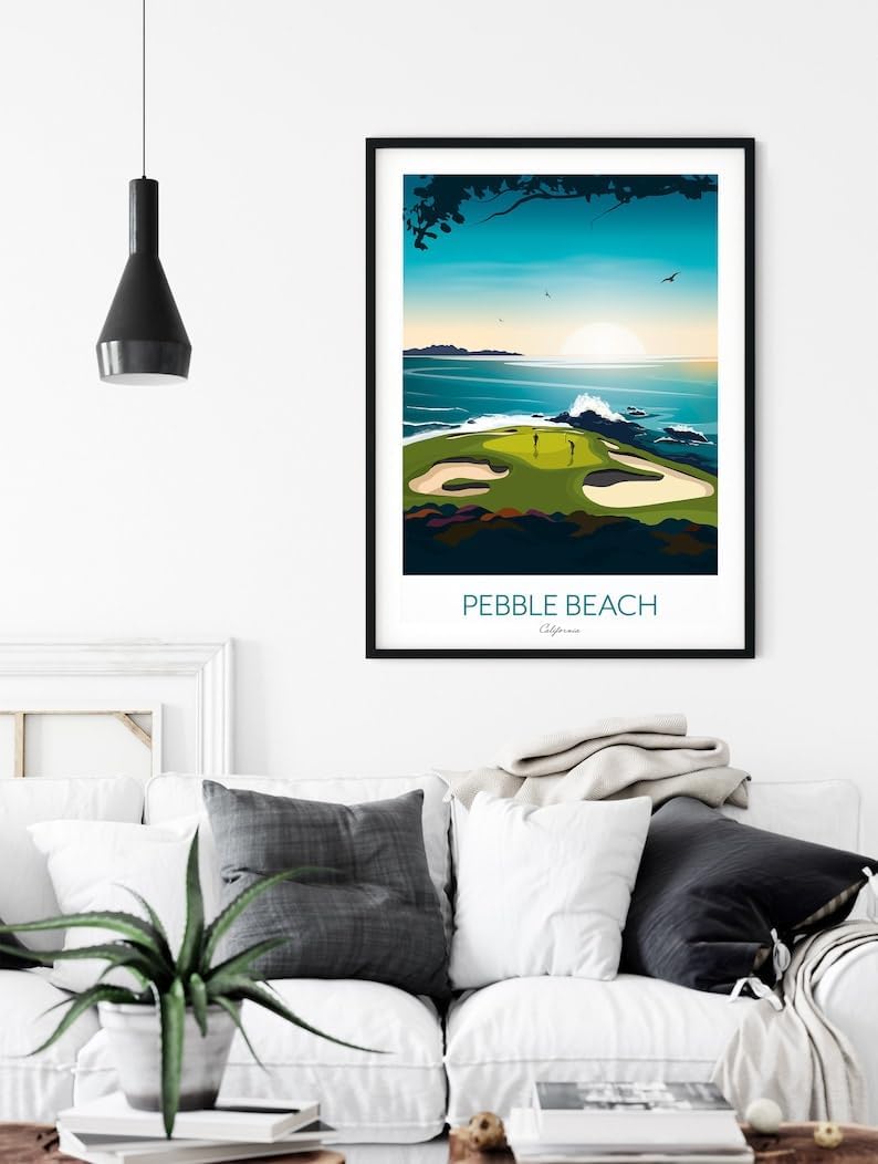 Golf Print - Pebble Beach California - US Open Golf Gift, Pebble Beach Golf Course Poster, California Golf Print, Coastal Golf Art, Golf Landscape Illustration, Sports Wall Decor. (Unframed) (20x30)