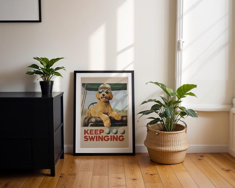 Funny Goldendoodle Golf Wall Art, Vintage Retro Dog Sports Print for Bar, Office or Home Decor, Keep Swinging Inspirational Golfer Artwork (Unframed) (24x36)