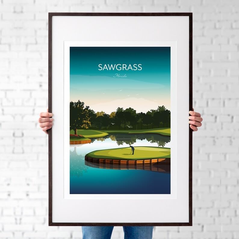 Golf Print - TPC Sawgrass Florida - Island Green 17th Hole, Florida Golf Course Art, Golf Wall Decor, Island Green Illustration, Golf Gift for Him, Scenic Golf Landscape (Unframed) (20x30)