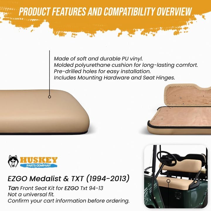 Huskey Parts Company Golf Cart Seat Cushion, Tan Color Front Bottom Seat for EZGO Medalist, TXT 1994 to 2013, Golf Cart Front Seat Replacement with Mounting Hardware & Hinges