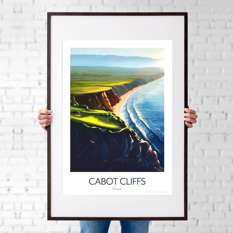 Nationcog Cabot Cliffs Golf Print; 16th Hole - Golf Poster Canada; Coastal Golf Art; Golf Landscape Illustration; Scenic Golf Painting; Luxury Golf Resort Print (Unframed) (20x30)