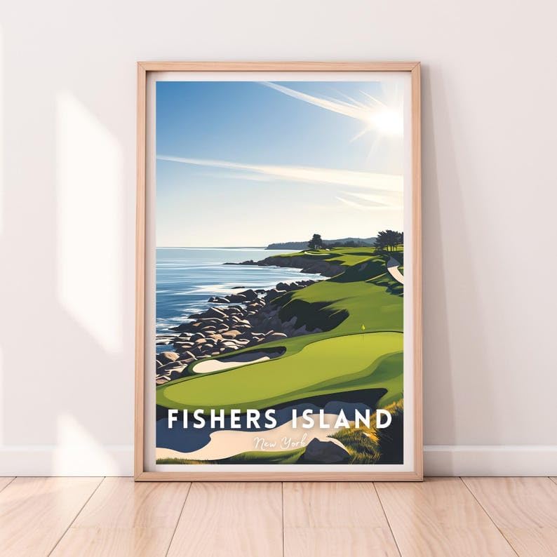 Nationcog Fishers Island Golf Course Poster, New York Vintage Wall Art, Coastal Home Decor, Unique Gift for Dad or Husband, Classic Golf Print for Office or Study (Unframed) (27x40)