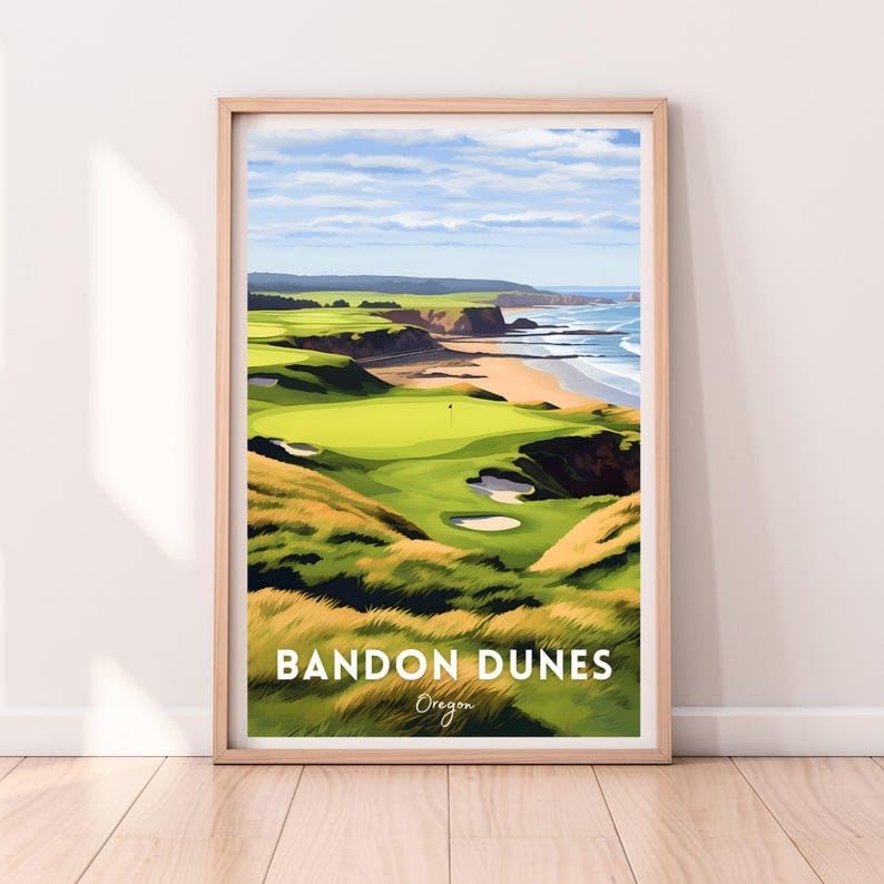 Nationcog Bandon Dunes Golf Wall Art Poster, Oregon Coastal Course Print with Rugged Ocean Views, Vintage Decor for Office or Bedroom, Ideal Gift for Dad or Husband (Unframed) (24x36)
