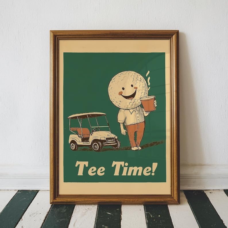 Vintage Tee Time Golf Wall Art, Retro Sports Poster Print for Bar, Office or Game Room Decor, Whimsical Golfer Artwork with Coffee and Golf Cart (Unframed) (16x24)