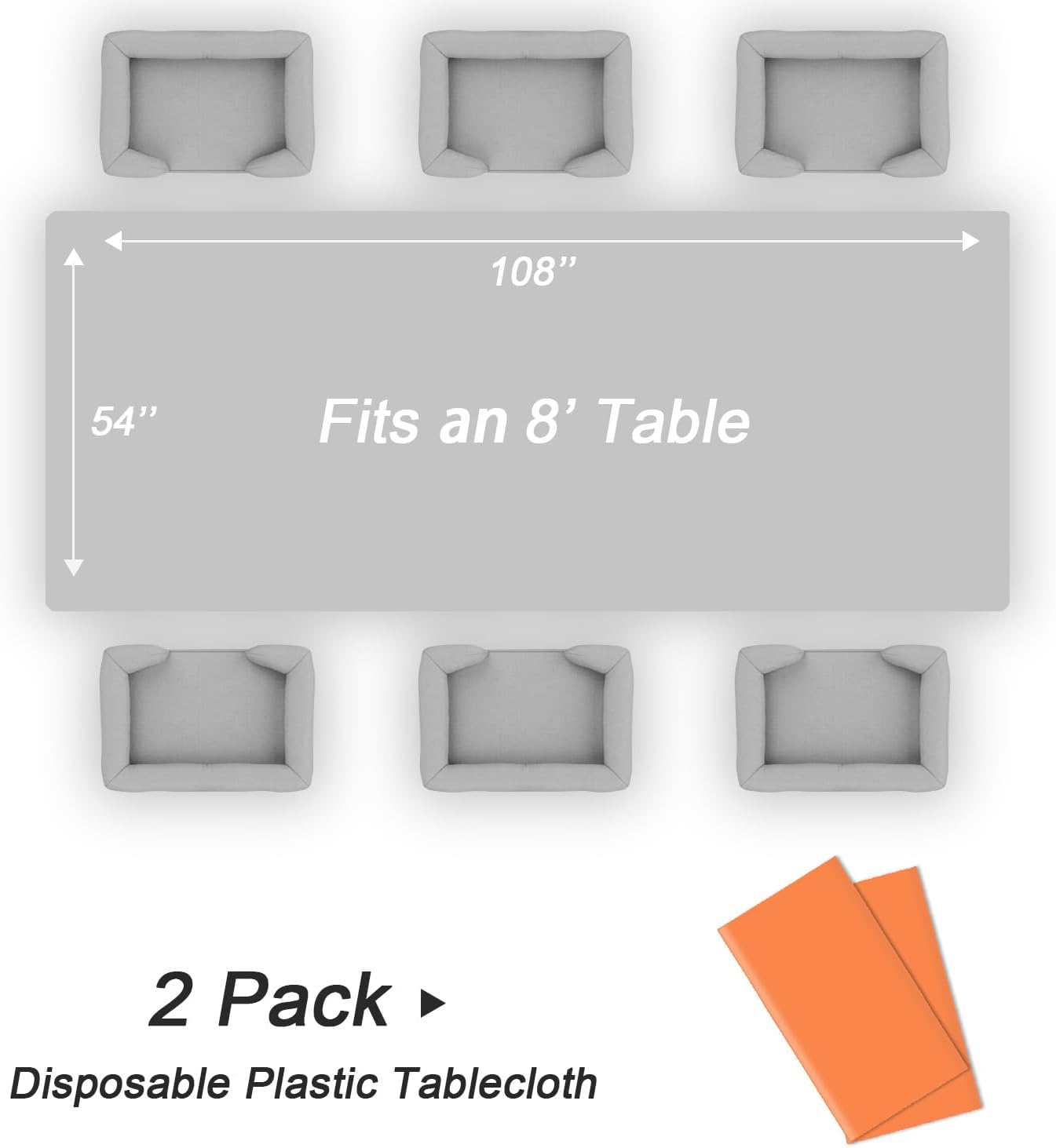 QIKSION Plastic Table Cloth Disposable 2 Pack, 54 x 108 Inch Tablecloths for Rectangle Tables, Orange Plastic Table Cover