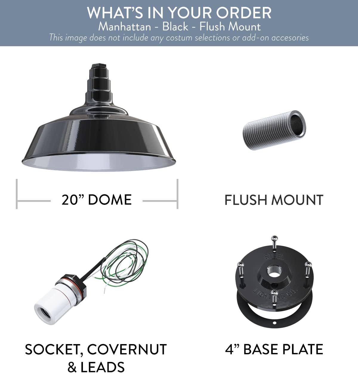 Steel Lighting Co. Manhattan Warehouse Light | Ceiling Mounted Pendant | 20 inch Dome | Flush Mount | Large Steel Barn Light Made in America | Black Exterior/White Interior