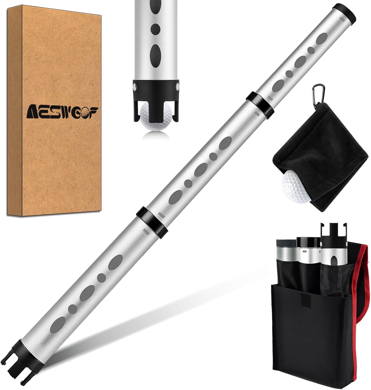 Golf Ball Picker Upper, Aluminum Golf Ball Retriever, Durable & Portable Ball Collector Tube, Holds 24 Golf Balls with Carry Bag & Ball Towel, Great Golf Gifts for Men