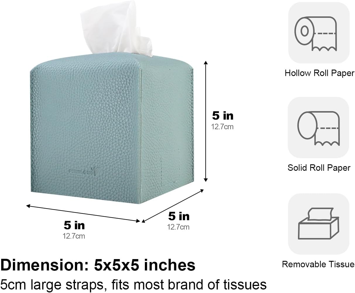 Tissue Box Cover 5X5X5'' PU Leather Tissue Holder Square Tissue Cube Box Organizer for Bathroom Vanity Countertop, Car, Night Stands, Office, Home, Kitchen (2Pack, Light Blue)
