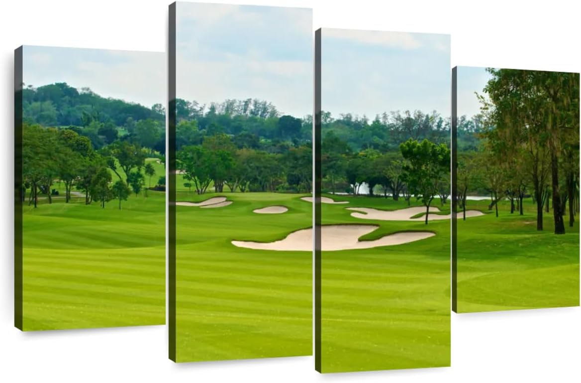 Elephant Stock Beautiful Golf Course Wall Art - Horizontal Canvas - 4-Piece Living Room Wall Decor - Tree Photography Canvas Print - Green and Blue Decor for Wall - 24" X 14"