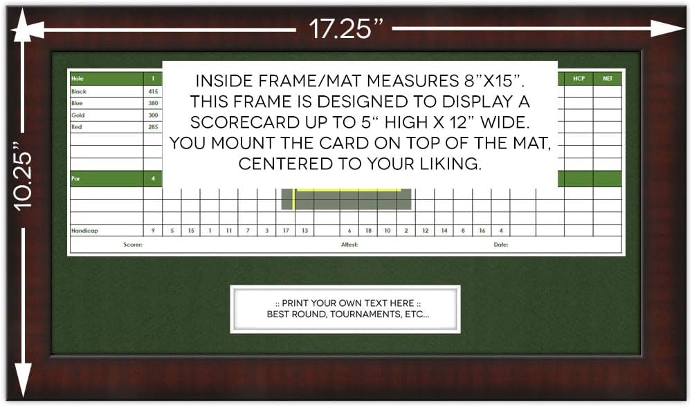 8x15 Mahogany Color Golf Scorecard Frame, Moulding brn-002, NEW Fairway Green Mat (holds up to approx. 5x12 card); card not included