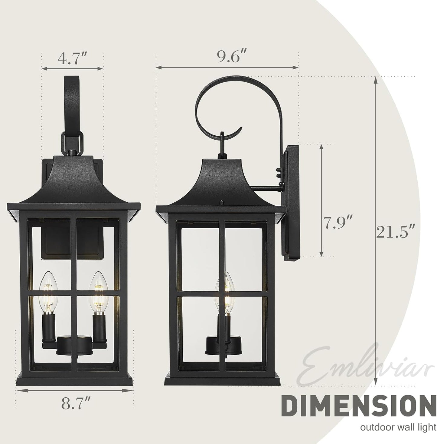 Emliviar 21.5" Large Wall Mounted Light Fixture, Classic Black Exterior Light Fixture 2-Light with E12 Base, Porch Lighting with Clear Glass Shade, YXE306B-M BK