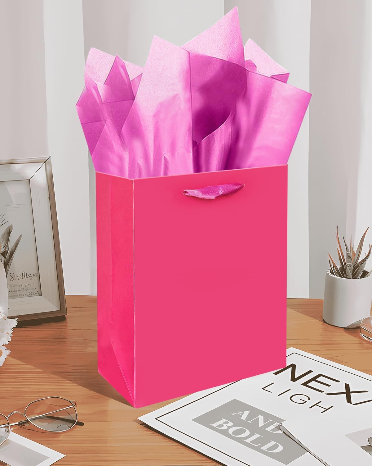 Gcardist Bright Pink Gift Bags with Tissue Paper for Wedding, Birthday, Party Supplies-7.9"x4.3"x9.6" Medium Size Cardboard Gift Bags（16pcs Bags +32pcs Tissue Paper ）