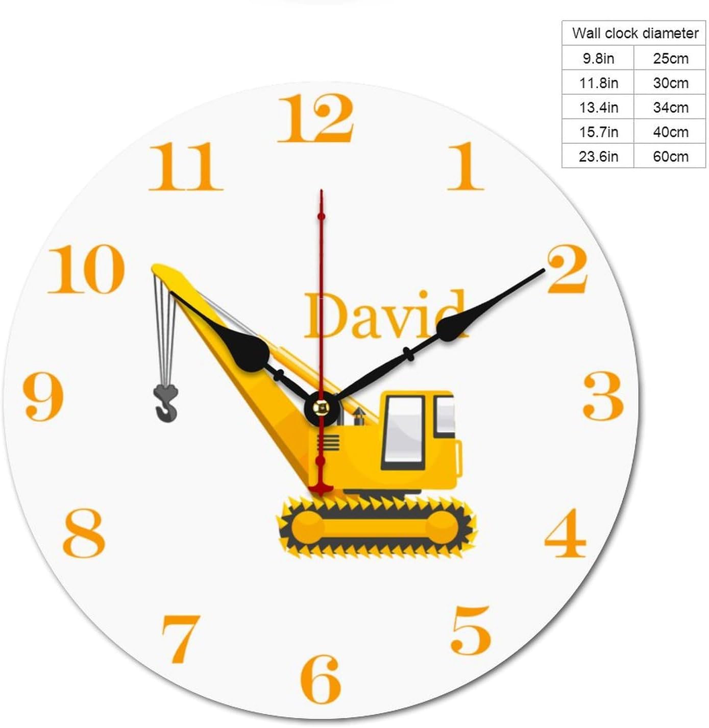 Personalized Crane Truck Kids Wood Wall Clocks Rustic Battery Operated 12 inch Non Ticking Engineering Vehicle Wall Clock for Kids Rooms Boys Girls,Nursery Wall Clock,Custom Kids Clock with Name