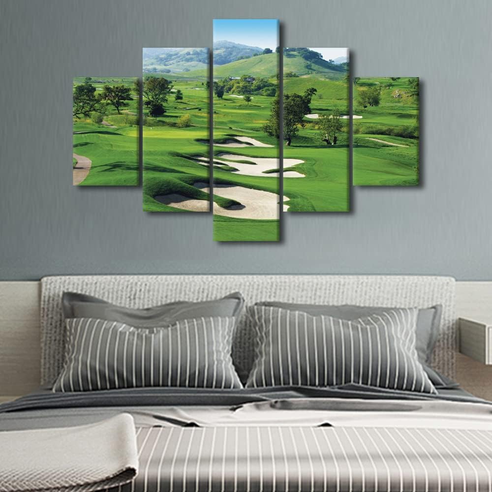 American Golf Course Wall Art CordeValle Green Golf Course Scenery Wall Art Canvas Print US USA Themed Home Decor Painting Poster 5 Panels for Living Room Bedroom Framed Ready to Hang - 60"W x 40"H