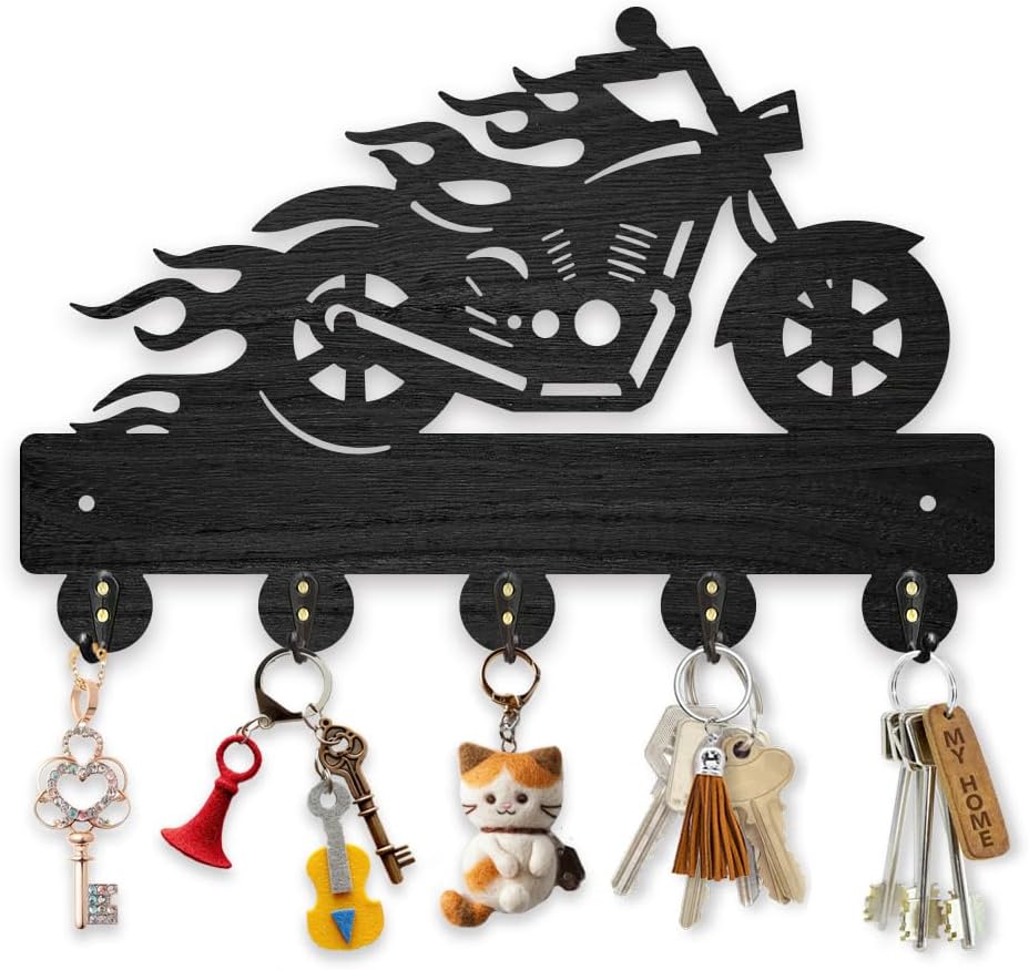 MAYJOYDIY Wood Motorcycle Flame Coat Hooks Motorbike Fire Key Holder for Wall 11.8×7.9inch Black Key Hooks Rack 5 Alloy Hooks Home Decor Gifts Entryway Kitchen Bathroom Storage Organizer