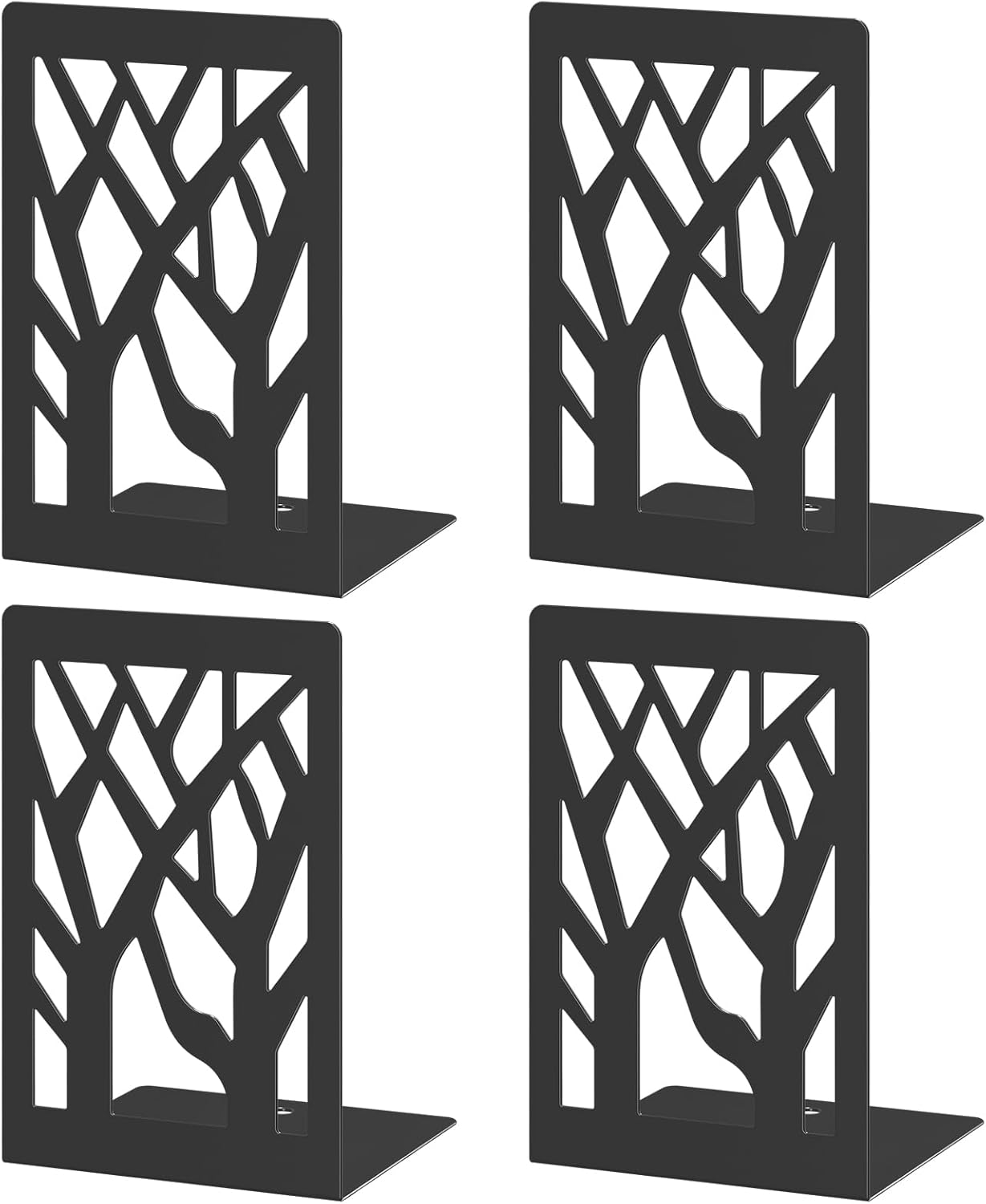 VFINE 4-Piece Modern Metal Bookends for Shelves, Black Tree Book Ends for Books, Decorative Book Organizer for Desk, Non-Skid Shelve Bookends for Home Office