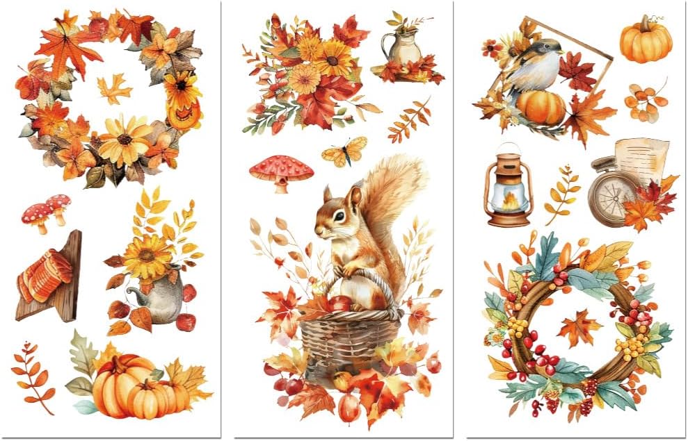 Peacoblue Rub on Transfer Decals for Furniture Crafts 6"x12", 3Pcs Hello Autumn Elements Waterproof UV DTF Transfer Decals Sticker for Dresser Lingerie Chests Drawer Glass Porcelain Wood