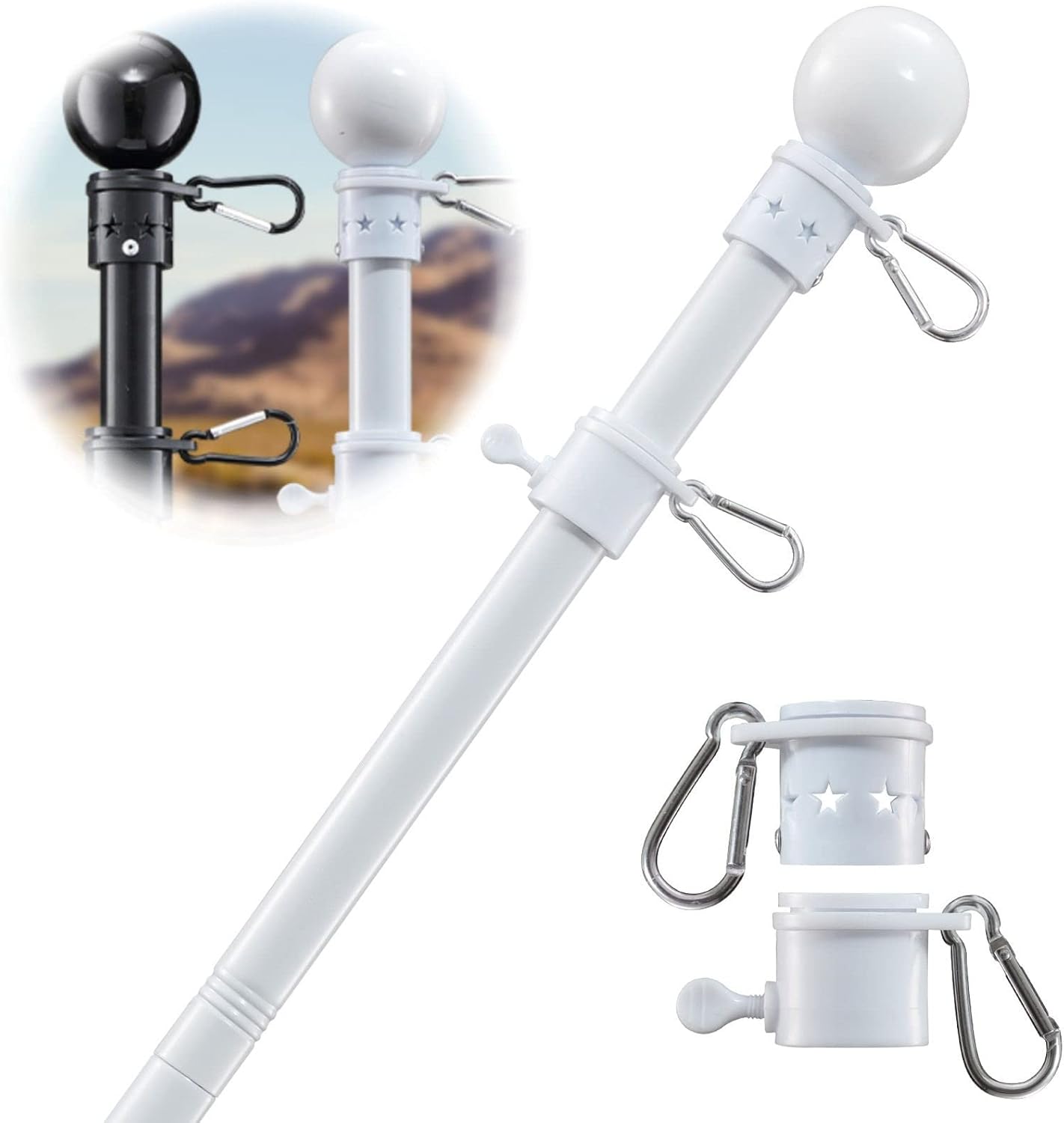 Flag Pole Holder for Outside House - 6ft Heavy Duty Metal House Flag Pole Kit, Tangle Free Spinning Flagpole for Outdoor Porch Residential Decoration - White