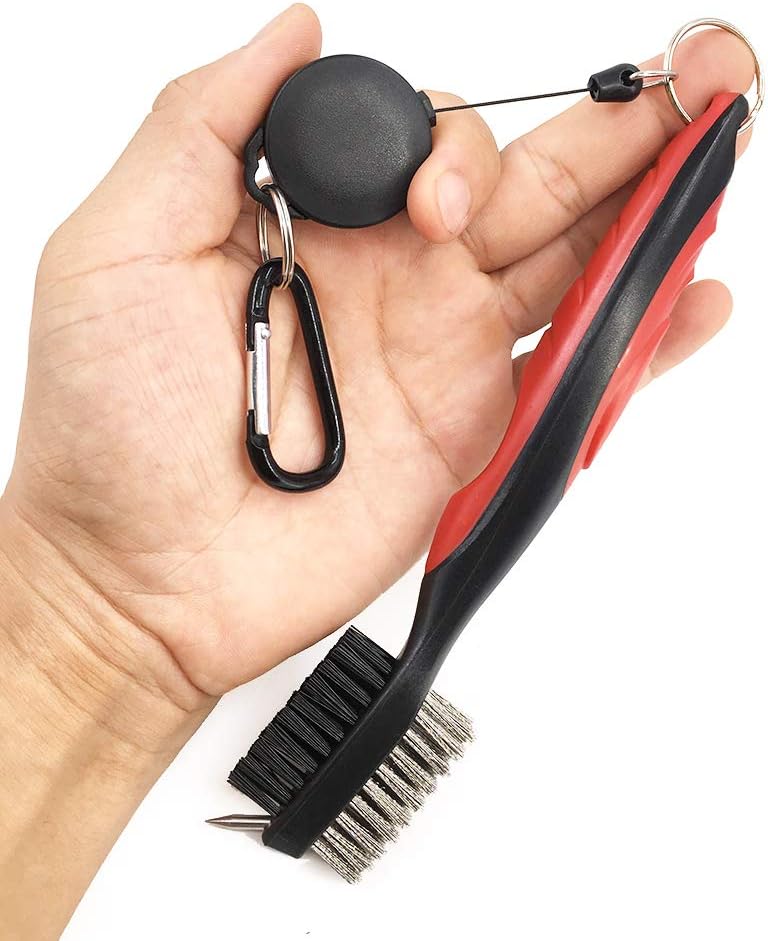 Durable Golf Club Groove Cleaner Brush and Shoes Brush With Handle - Dirt Mud Remover Tool for Golf Clubs and Shoes - Retractable Zip-line Aluminum Carabiner