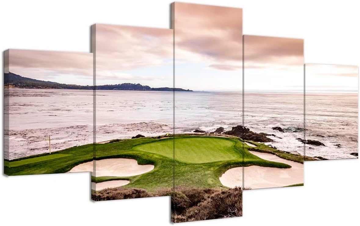 California Coastline Golf Course Wall Art Pictures USA California Golf Course Wall Decor for Living Room Bedroom Bathroom Home Decorations Canvas Prints Framed Ready to Hang(60''W x 32''H)