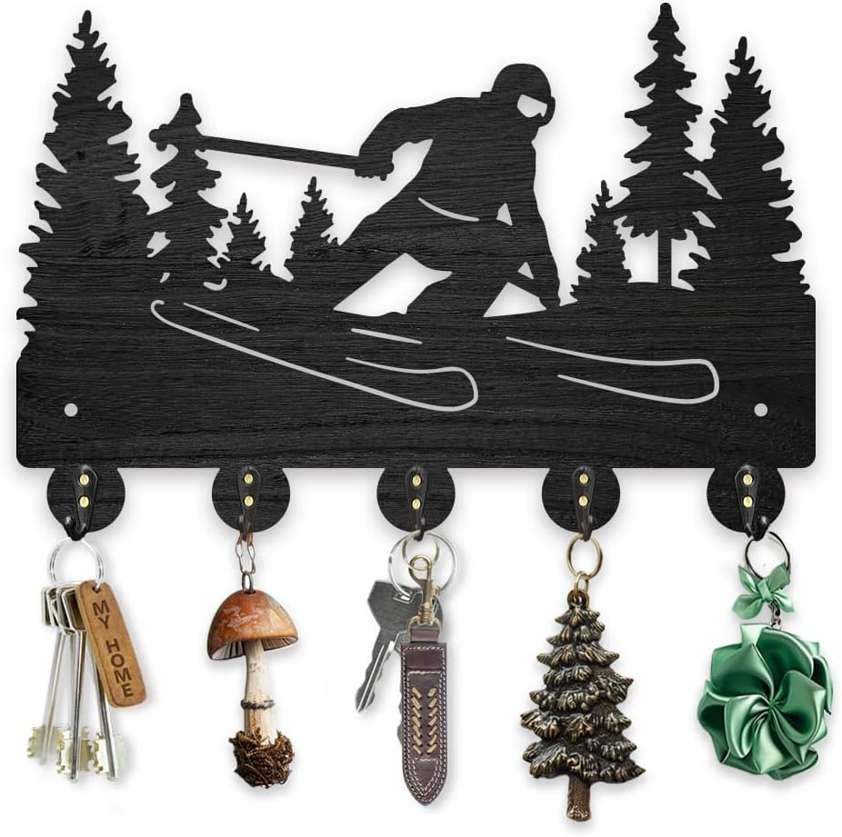 MAYJOYDIY Ski Tree Coat Racks Wood Outdoor Winter Sports Key Holder Wall Mount 11.8×7.9inch Black Key Hooks Rack 5 Alloy Hooks Home Decor Gifts Entryway Kitchen Bathroom Storage Organizer