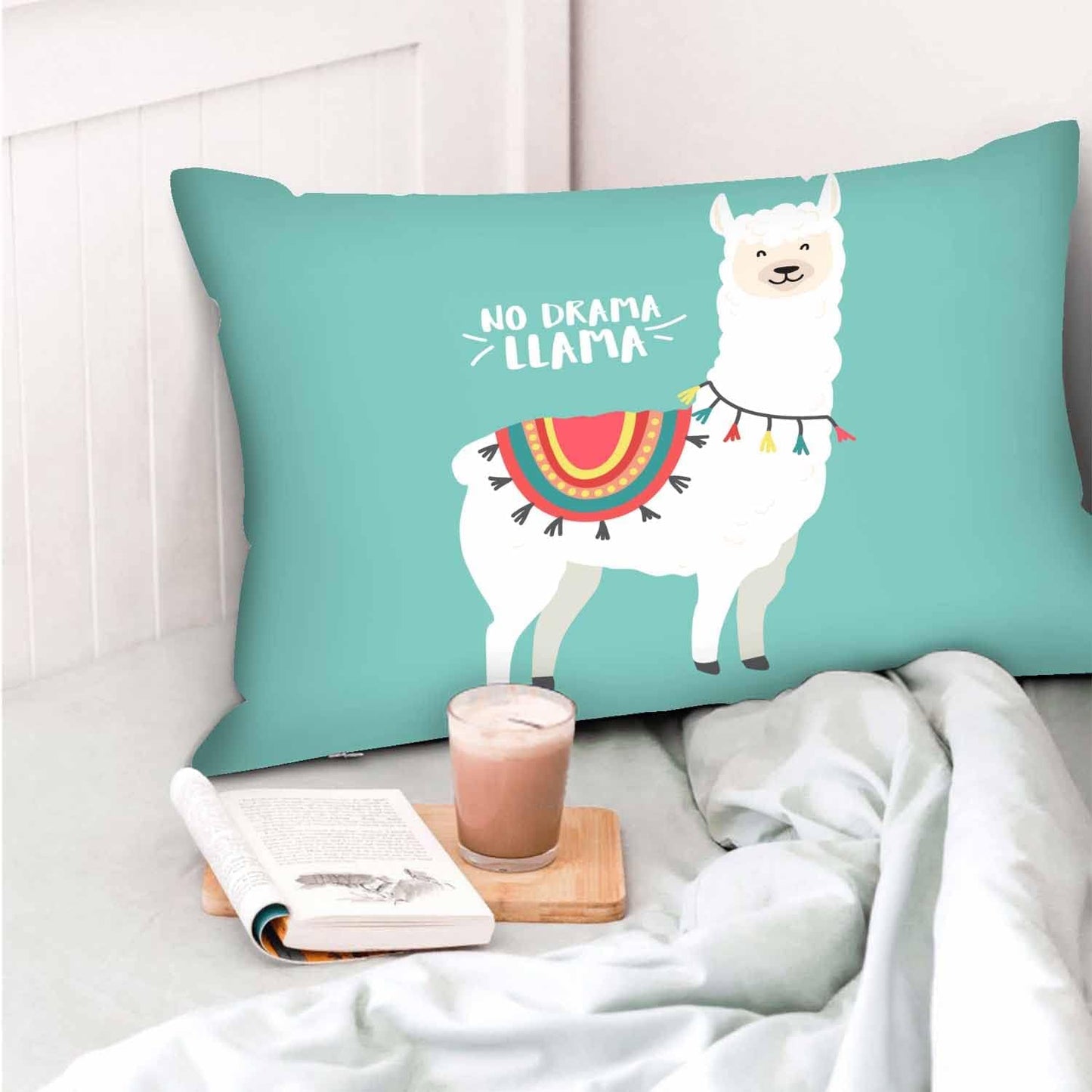 Mugod Rectangle Throw Pillow Cover Cute Cartoon White Llama No Drama,Decorations Cushion Case for Sofa Couch 20x30 Inches Pillowcase