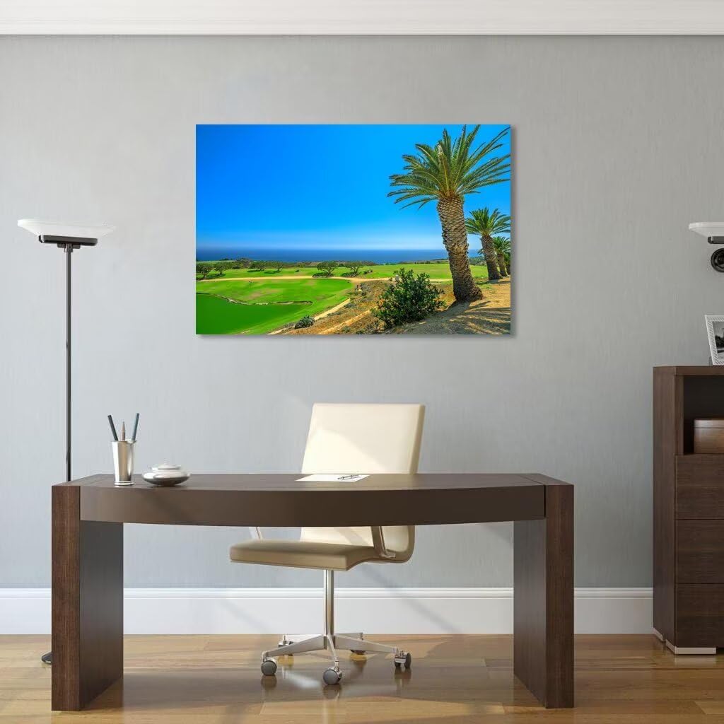USA California Golf Course with Palm Tree Wall Art Picture California Coastline Golf Course Wall Decor for Living Room Bedroom Bathroom Home Decorations Framed Ready to Hang(18''H x 24''W)