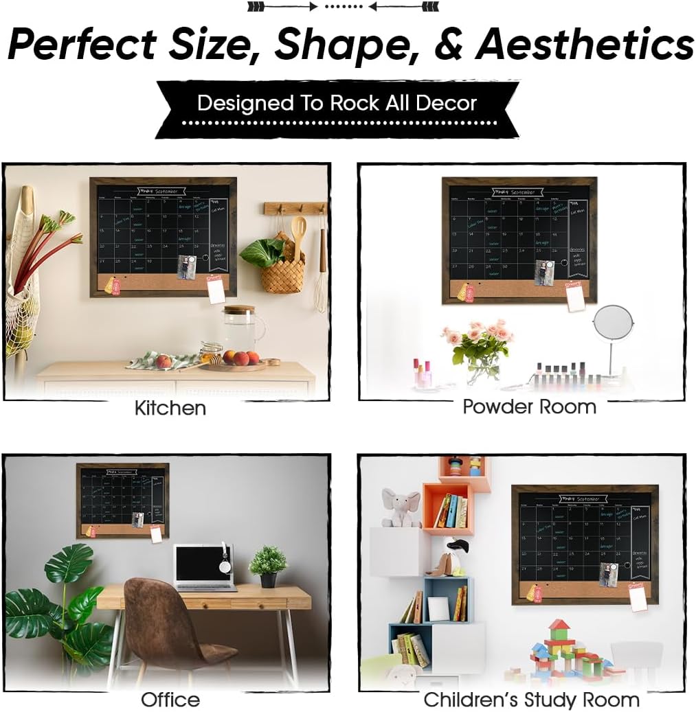 Loddie Doddie Chalk Board Calendar for Wall & Bulletin Combo - 18 x 24-Inch Rustic Frame - Writable Chalk Calendar Surface, Magnets & Push Pins - Menu Board for Kitchen