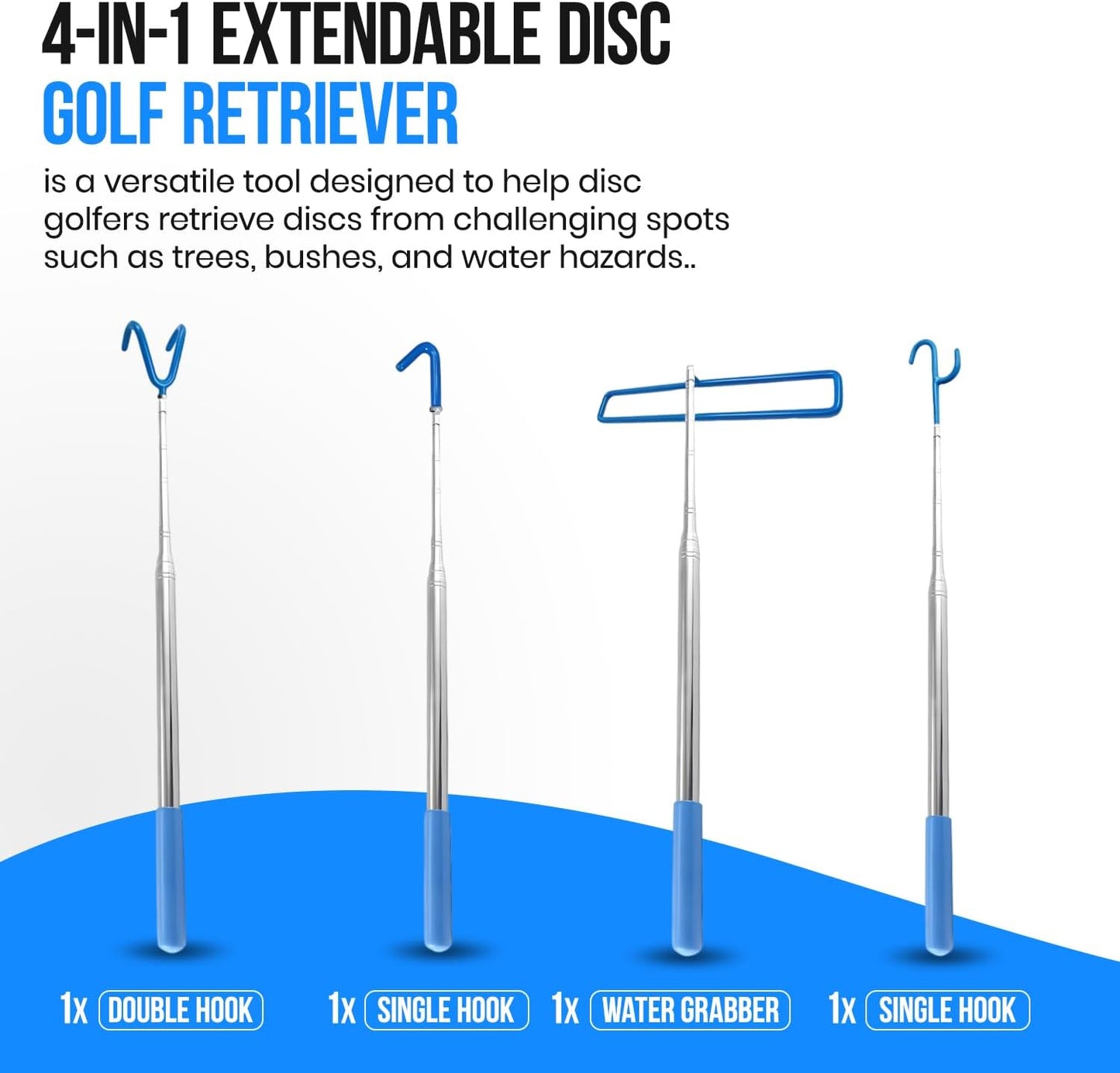 4-in-1 Extendable Disc Golf Retriever Pole – 16ft Heavy-Duty Telescopic Disc Catcher Stick with Dual Steel Hooks & Carry Bag – Rescue Discs from Trees, Lakes, Fences & Thick Brush