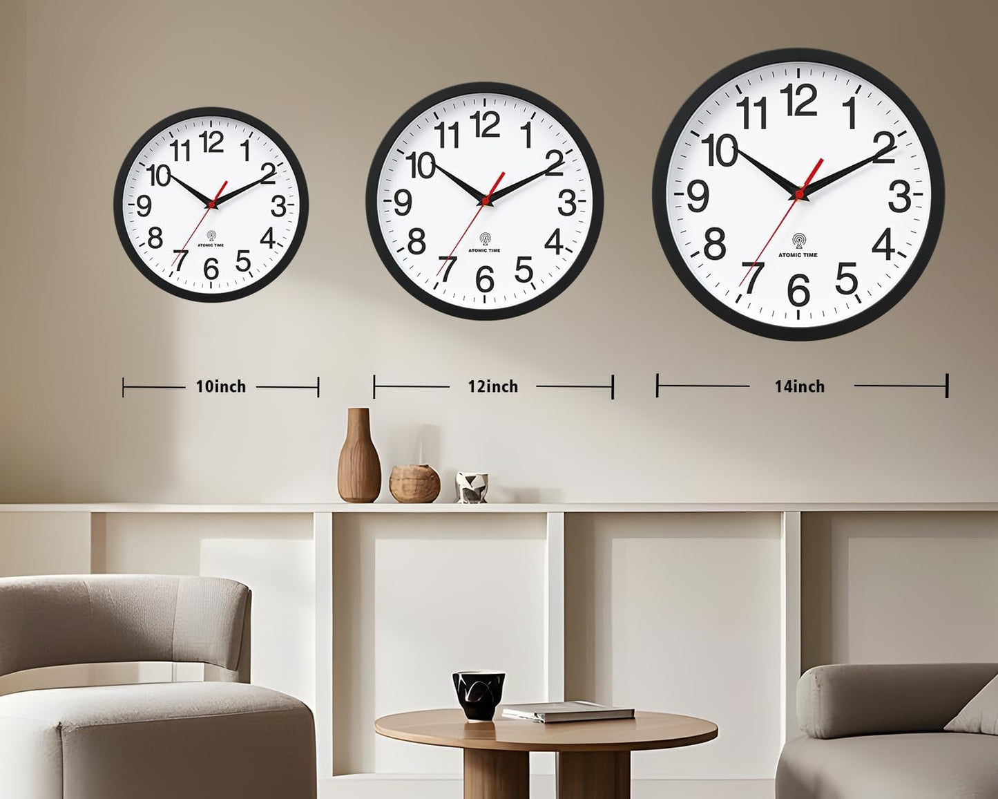 Atomic Wall Clock, Modern 10 Inch Battery Operated Wall Clocks, Analog Clock for Living Room, Office, Home, Bedroom, Kitchen, Bathroom(Black)