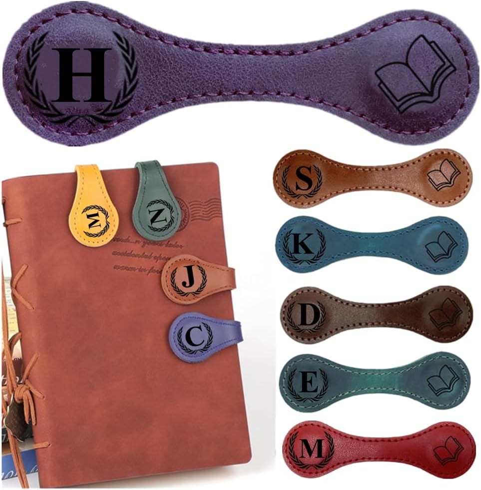 Personlized Magnetic Leather Bookmarks with Initials, Customized Book Marks Clip 26 Letters Bookmark for Reading Women, Men, Kids,Cute Book Markers Meaningful Gift for Book Lovers (Purple, H)