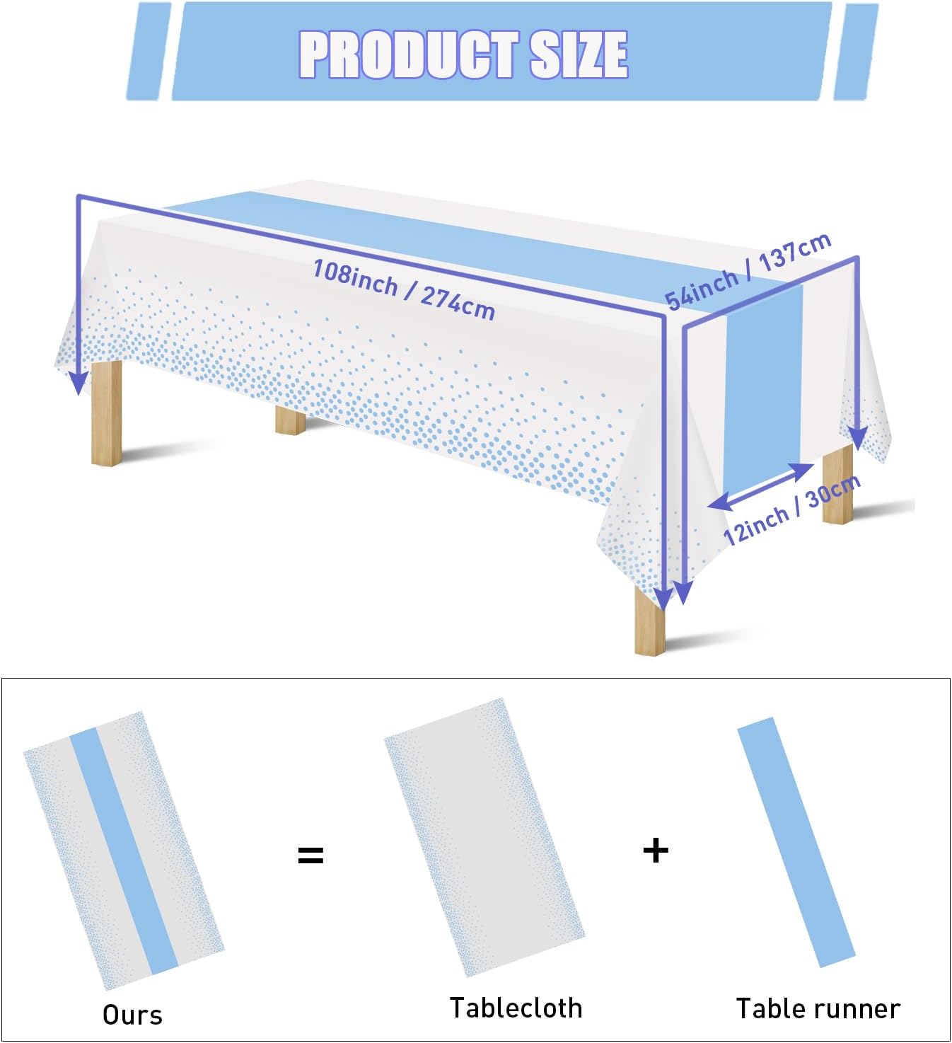 8 Pack 2in1 Disposable Plastic Tablecloths 54" x 108" White and Baby Blue Dot Party Table Cloth Rectangle Table Cover for Wedding Birthday Baby Shower Anniversary Christmas New Year Party Decorations